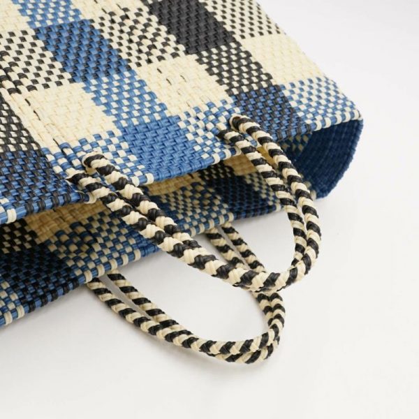 Letra Mercado 編織袋 - 3 COLORS CHECK - SHORT STYLE - 金屬藍 / 奶油 / 黑 (S)